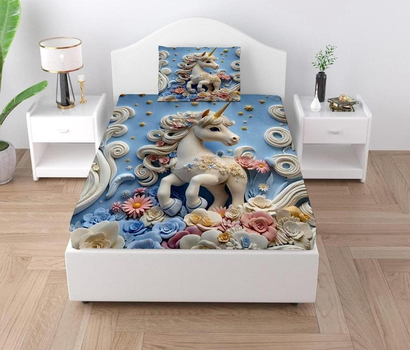 BLENZZA DECO Cotton Single Flat 180 TC 3D Printed 1 Bedsheet with 2 Pillow Covers(7D Digital Panel Print (Baby Unicorn)