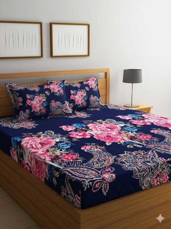 Yuma Cotton Double Fitted (Elastic) 240 TC Floral 1 Summer Bedsheet with 2 Pillow Covers(Multicolor, MUL)