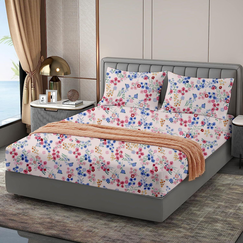 Indian Kingdom Cotton Double Flat 400 TC Floral 1 Bedsheet with 2 Pillow Covers(Blue Pink Flower)