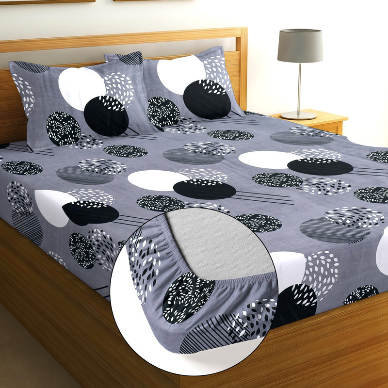 Moonroof Cotton Double Fitted (Elastic) 244 TC Printed 1 Summer Bedsheet with 2 Pillow Covers(Grey)