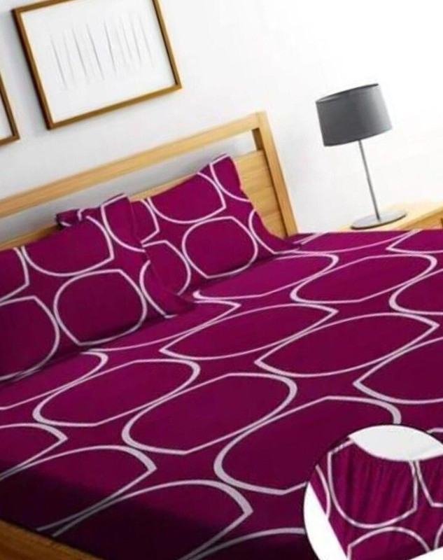 Yuma Cotton Blend Double Fitted (Elastic) 260 TC Geometric 1 Summer Bedsheet with 2 Pillow Covers(Maroon)