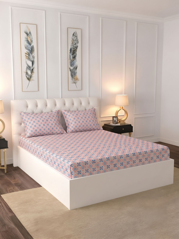 Raymond Home Cotton Double Flat 104 TC Geometric 1 Bedsheet(Pink)