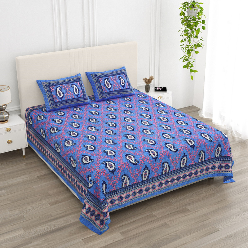 BharatLinen Cotton King Flat 144 TC Glow in the Dark 1 Bedsheet with 2 Pillow Covers(Dark Blue)