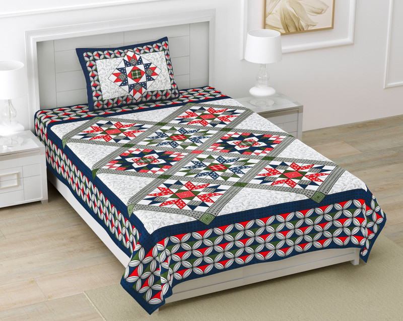 Dreamsoft Cotton Single Flat 144 TC Jaipuri Prints 1 Bedsheet with 2 Pillow Covers(Blue, Red, Green)