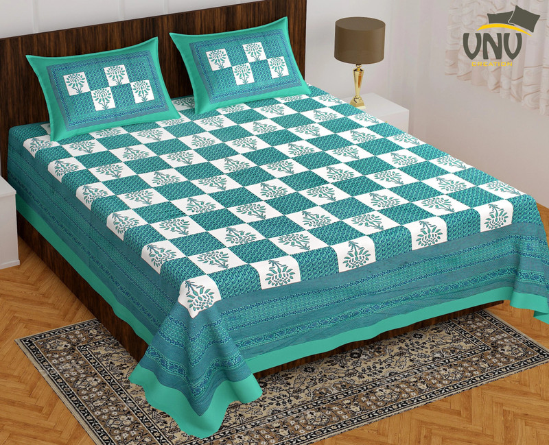 VNV Creation Cotton Double Flat 144 TC Jaipuri Prints Bedsheet(Pack of 1, White, Sea Green)