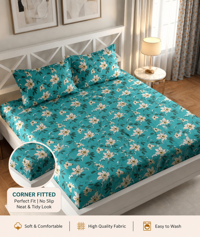 IWS Cotton Double Fitted (Elastic) 144 TC Floral 1 Bedsheet(Green, White)
