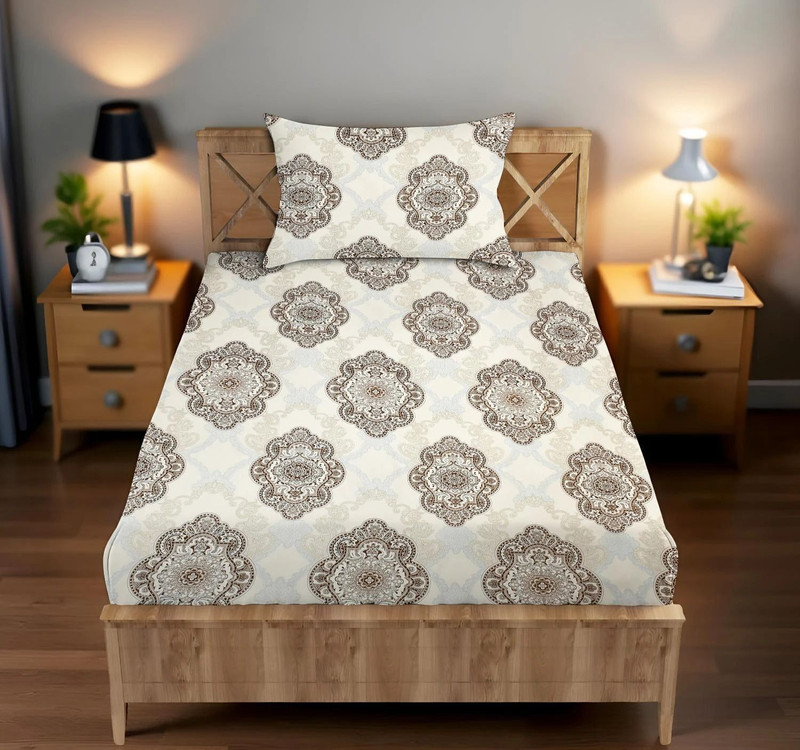 BharatLinen Polyester Single Flat 6 TC Jaipuri Prints 1 Bedsheet with 2 Pillow Covers(Beige with Black Flower)