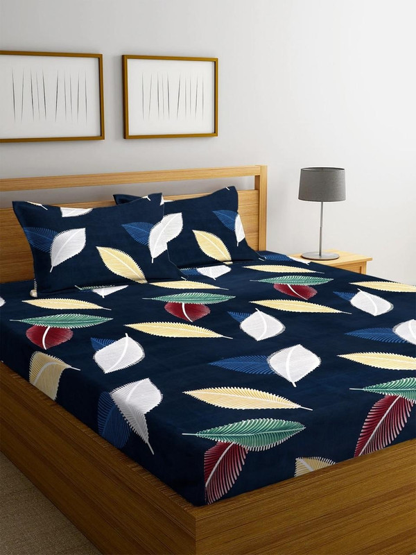 Yamoria Polycotton Double Flat 210 TC Checkered 1 Bedsheet with 2 Pillow Covers(Dark Blue)
