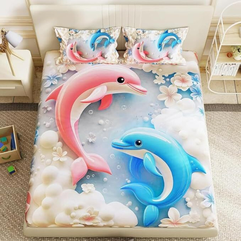 DONEHIL DECOR Polycotton King Flat 240 TC Printed 1 Summer Bedsheet with 2 Pillow Covers, 2 Cushion Covers(Dolphin)