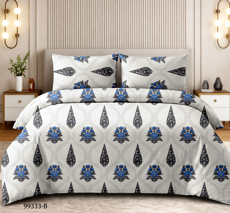 Shri Shyam textile store Cotton Blend Queen Flat 144 TC Printed 1 Bedsheet(White blue)