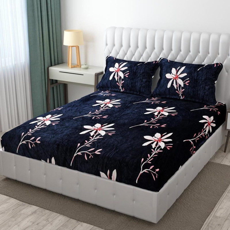 TANUSOFTFABRIC Woolen Double Fitted (Elastic) 220 TC Floral 1 Bedsheet with 2 Pillow Covers(Dark Blue)