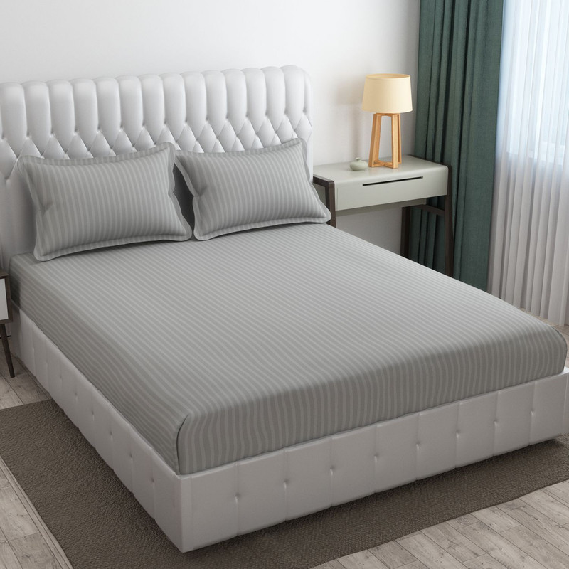 CB HOME Cotton Double Flat 300 TC Striped 1 Bedsheet with 2 Pillow Covers(Light Grey)