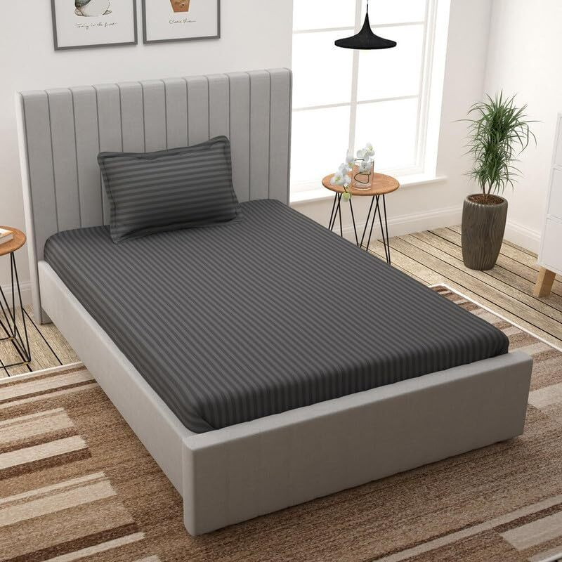 Rvans Creations Satin Single Fitted (Elastic) 310 TC Striped 1 Bedsheet with 2 Pillow Covers(Grey)