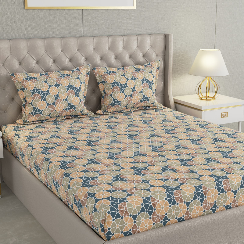 Raymond Home Cotton Double Flat 104 TC Geometric 1 Bedsheet with 2 Pillow Covers(Glory Brown)