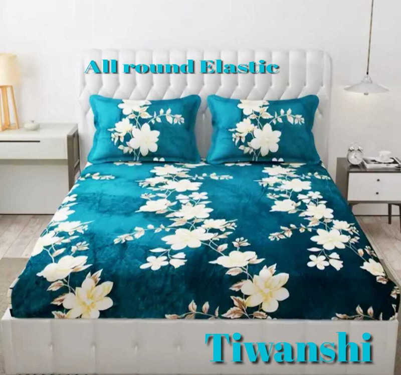 Tiwanshi Woolen King Fitted (Elastic) 350 TC Floral 1 Bedsheet with 2 Pillow Covers(GREEN FLOWER)