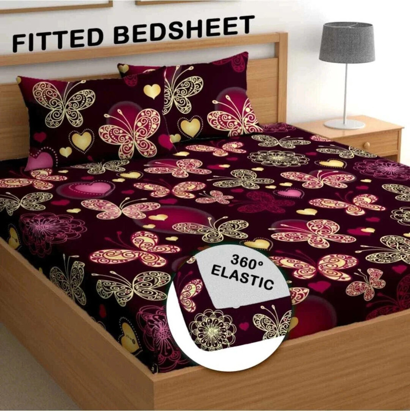 Decent Home Cotton Double Fitted (Elastic) 240 TC Floral 1 Bedsheet with 2 Pillow Covers(Maroon)
