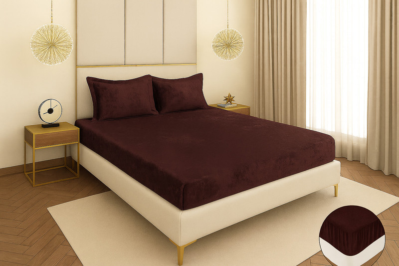 OSONIC TEXTTILE Velvet King Fitted (Elastic) 310 TC Solid 1 Bedsheet with 2 Pillow Covers(Brown)