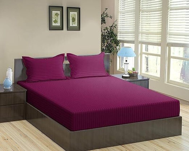 BLENZZA DECO Cotton Double Flat 210 TC Striped 1 Bedsheet with 2 Pillow Covers(Wine)