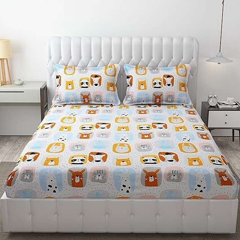 BLENZZA DECO Polycotton Double Flat 180 TC Printed 1 Bedsheet with 2 Pillow Covers(Sleep Animal)