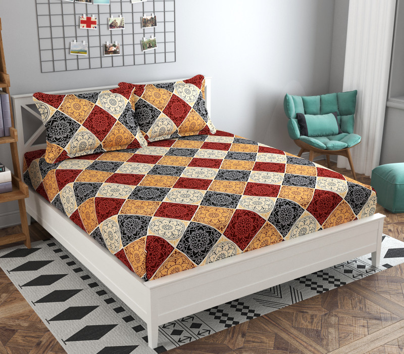 Prosseya Cotton Double Fitted (Elastic) 170 TC Checkered 1 Bedsheet with 2 Pillow Covers(Multicolor)