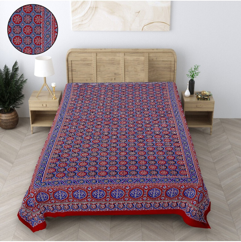 INDHOME LIFE Cotton Single Flat 210 TC Jaipuri Prints 1 Bedsheet with 2 Pillow Covers(Blue)