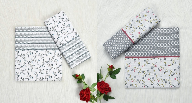 BLENZZA DECO Cotton Single Flat 200 TC Printed 4 Bedsheets with 8 Pillow Covers((Money Saver Combo) Blue White Flower Grey Flower)