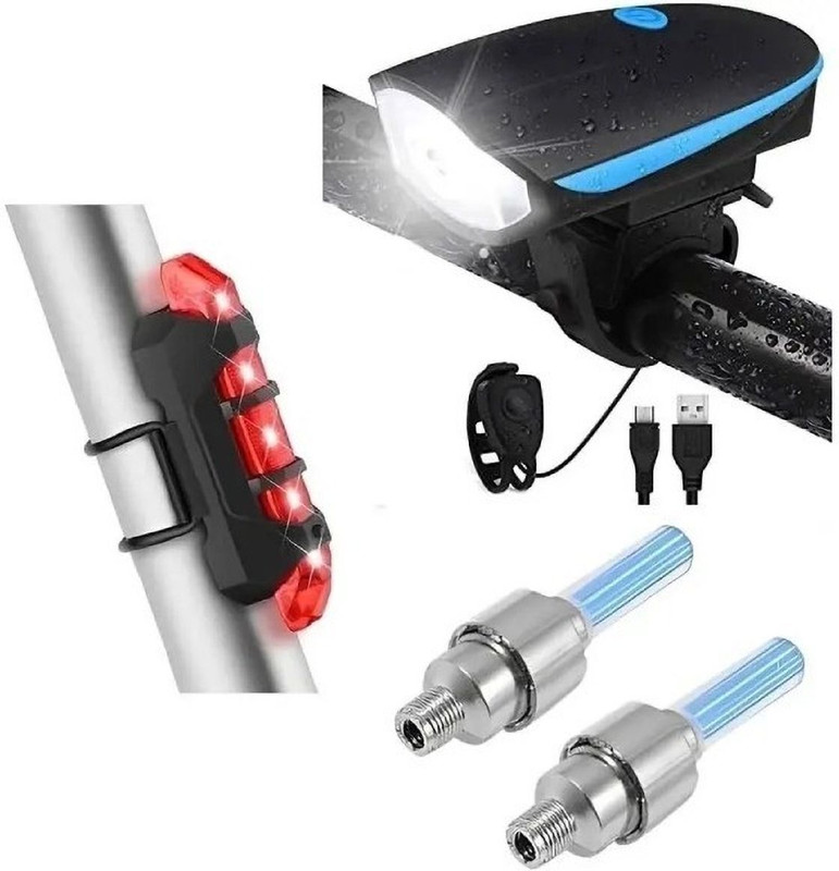 HighRider Cycle Light Front with Horn, Rear/Tail Light, Tyre Valve Light (Combo of 4 LED) LED Front Rear Light Combo(Multicolor)