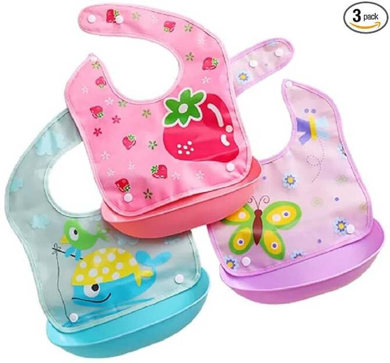 Royal krafts Silicone Baby detachable Waterproof Apron Bibs- Random designs (set of 3)(Multicolor)