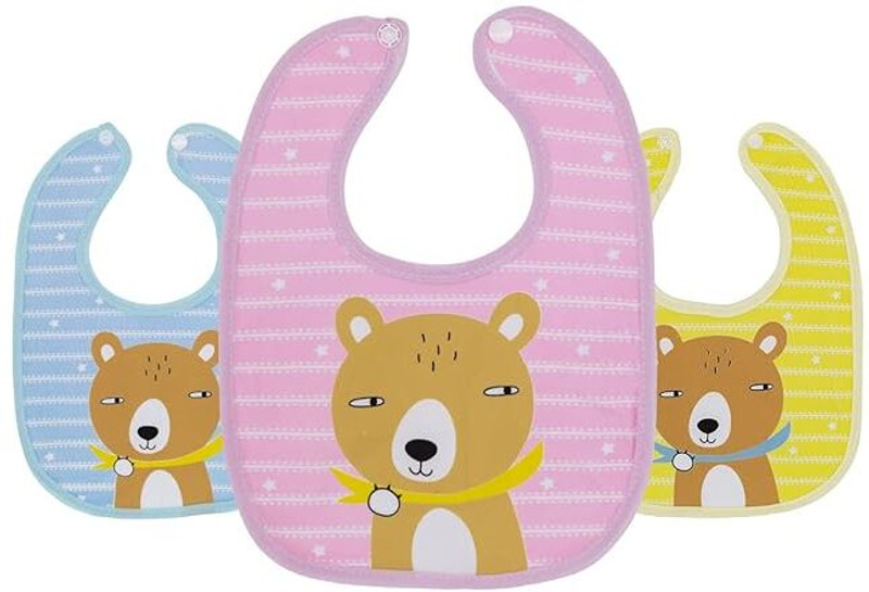 Mini Love Soft Waterproof Bear Printed Baby Bib with Snap Buttons (Pack of 3)(Multicolor)