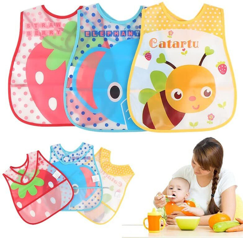 Romzen Waterproof Baby Bibs with Pocket Cute Cartoon Printed Feeding Apron for infants(Multicolor)