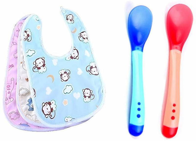Raunix 2 Baby Feeding Bibs with 2 Silicone Spoon | Baby Apron | BPA Free Feeding Spoon(Multicolor)