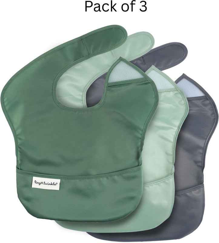 Tiny Twinkle Mess Proof Baby Bib Feeding Bib Weaning Bib (Pack of 3)(olives, slate, Talla)