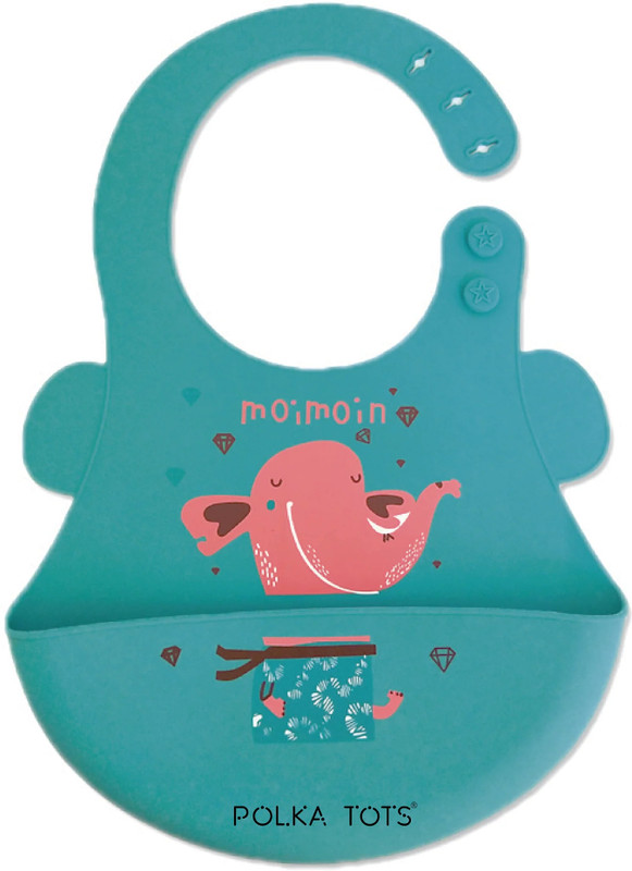 POLKA TOTS Waterproof Silicone Bibs for Feeding & weaning Babies with Adjustable Velcro(Elephant, Light Sea Green)