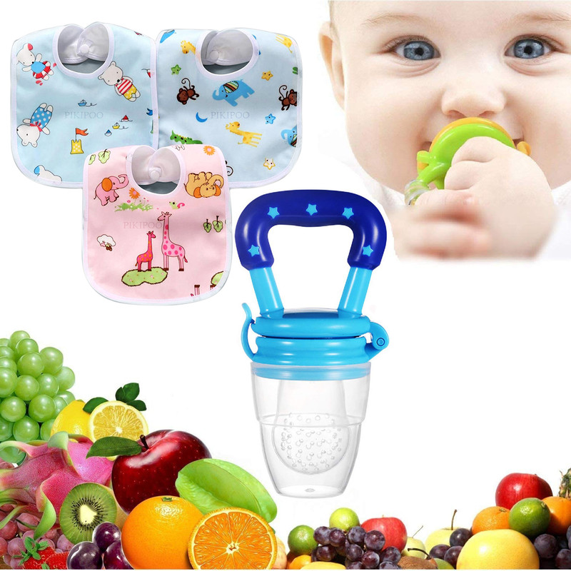 PIKIPOO Fast Dry Waterproof Cotton Baby Bib & Fruit Feeder Useful Baby Shower Gift(Blue)
