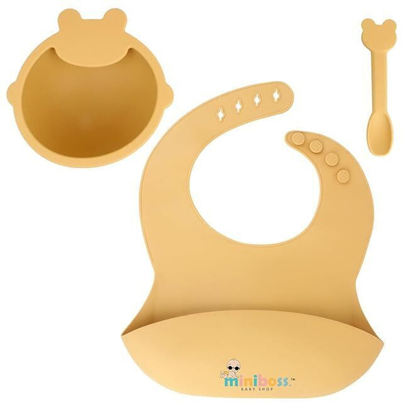 Miniboss Silicone Baby Bibs Set of 3 - Soft Waterproof Bibs with Bowl & Spoon, Easy Clean(Yellow)
