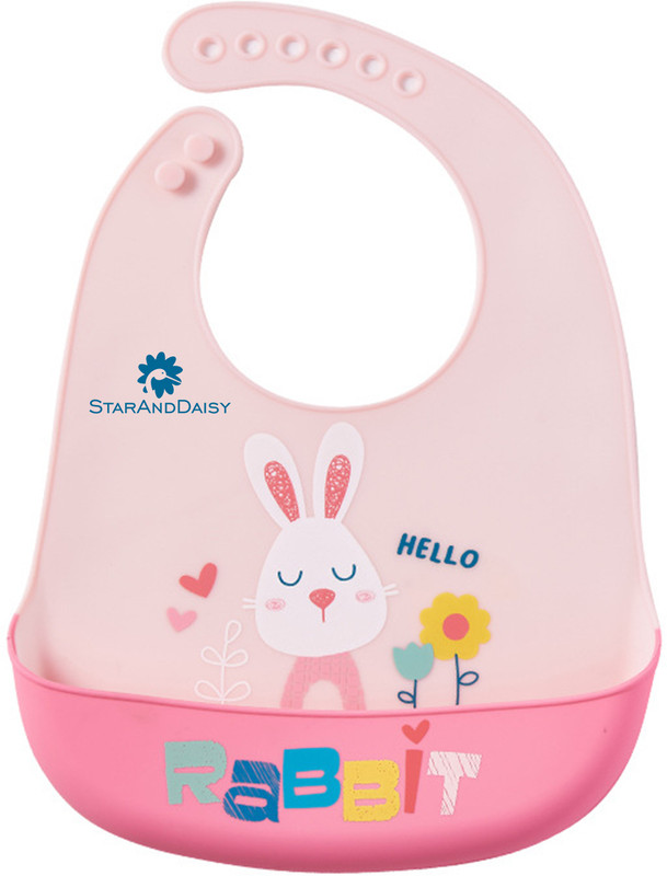 StarAndDaisy Soft Silicone Bibs for Baby, Infants & Toddler -Adjustable, Water proof(Printed-Hello Rabbit-Pink)