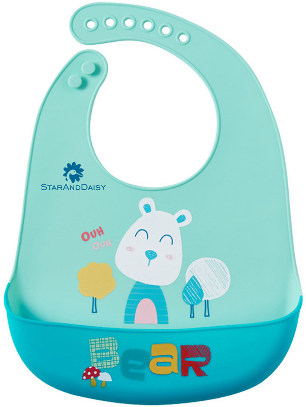 StarAndDaisy Soft Silicone Bibs for Baby, Infants & Toddler -Adjustable, Water proof(Printed-Bear-Green)
