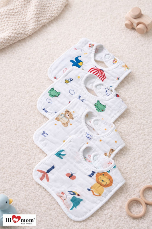 HI MOM Cotton Baby Bibs Super Absorbent Bandana Apron Buttons For Drooling Feeding(Printed White2)