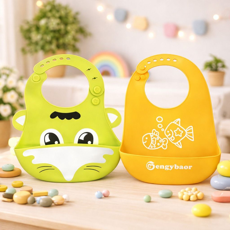 AEREX Silicone Baby Feeding Bib with Food Catcher For Weaning Babies & Toddlers(Green & Yellow)