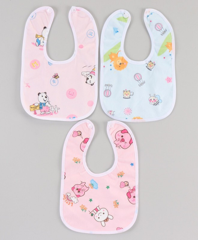 Little Bloom Double Layered Water-proof, Super Soft Cotton bibs, button type ( Pack of 3)(Mult-color)