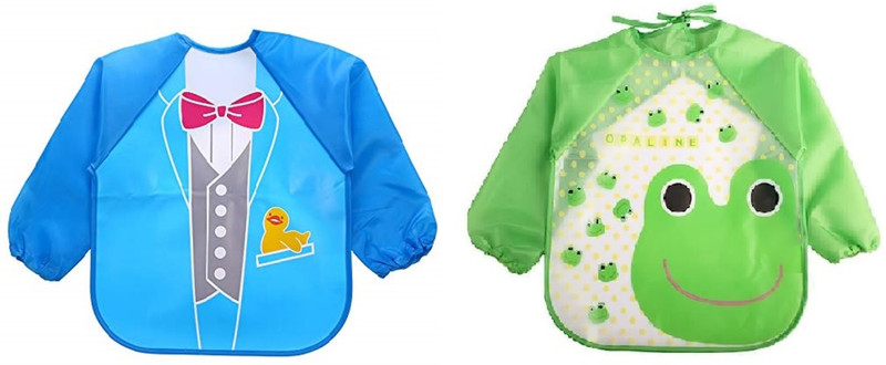MOMISY Waterproof Cartoon Full sleeve Painting Apron Feeding Bibs (pack of 2)(BlueSuit-GreenFrog)