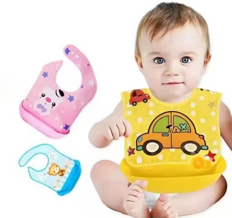 Goyoo LittleMunch Silicone Baby Feeding Bib with Food Pocket–Cartoon Print (Pack of 2)(Multicolor)