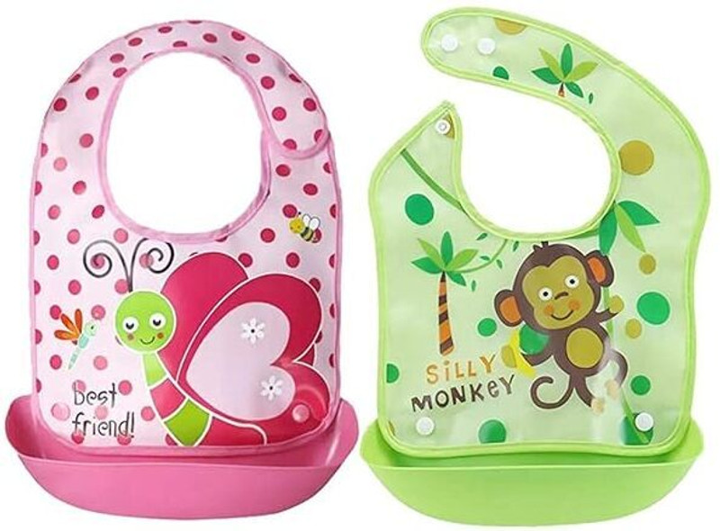Kidsify Baby Silicone Feeding Bibs |Waterproof Bib With Detachable Tray (Pack of 2)(Multicolor)
