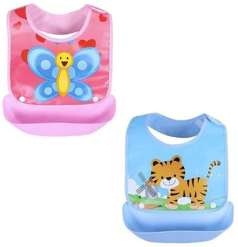 Everkid Silicone Baby Detachable Waterproof Apron Bibs with food catcher(Multicolor)