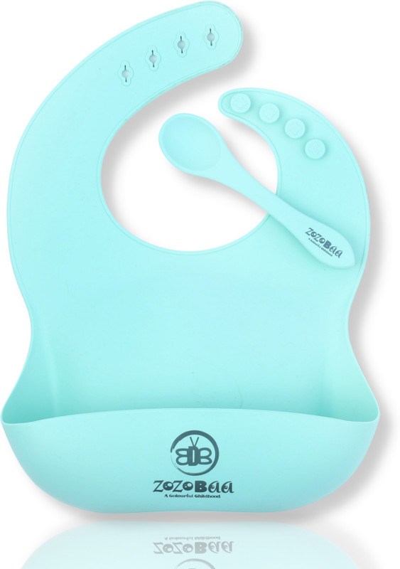 Zozobaa Silicone baby feeding bib with long spoon,Water Proof, Easy Adjustable, Washable(Green)
