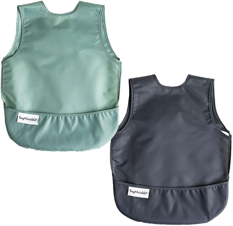 Tiny Twinkle Mess-Proof Apron Toddler Bibs,Baby Food Bibs, 2 Pack,(Sage,Charcoal)