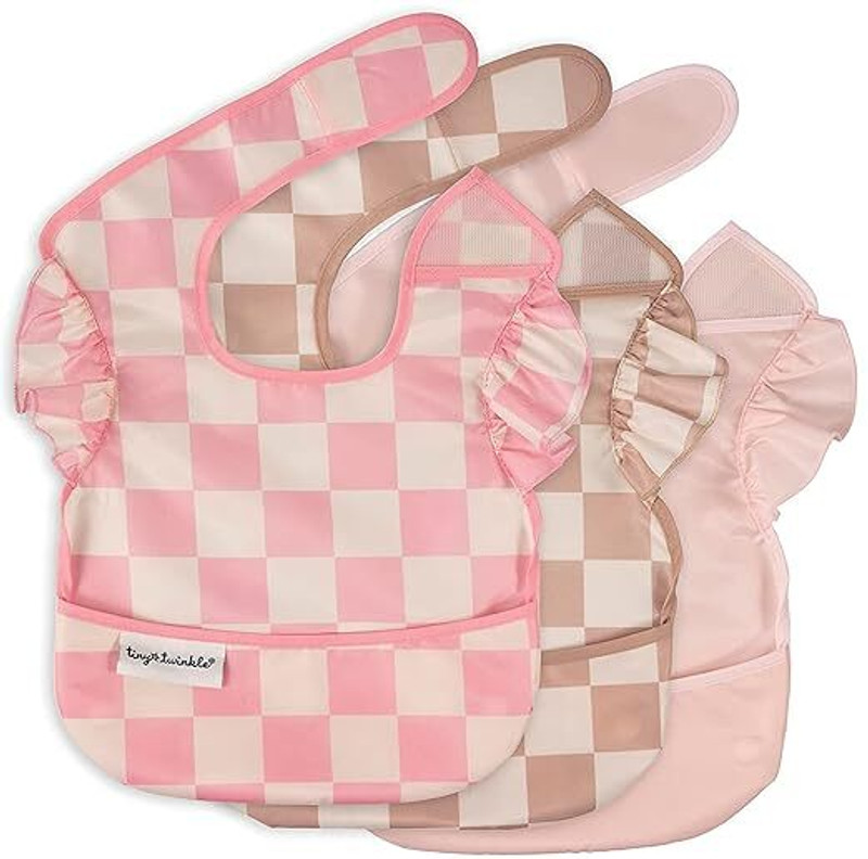 Tiny Twinkle Dirtproof Baby Feeding Toddler Bibs - Travel Friendly (Pack of 3)(Checked Girls)