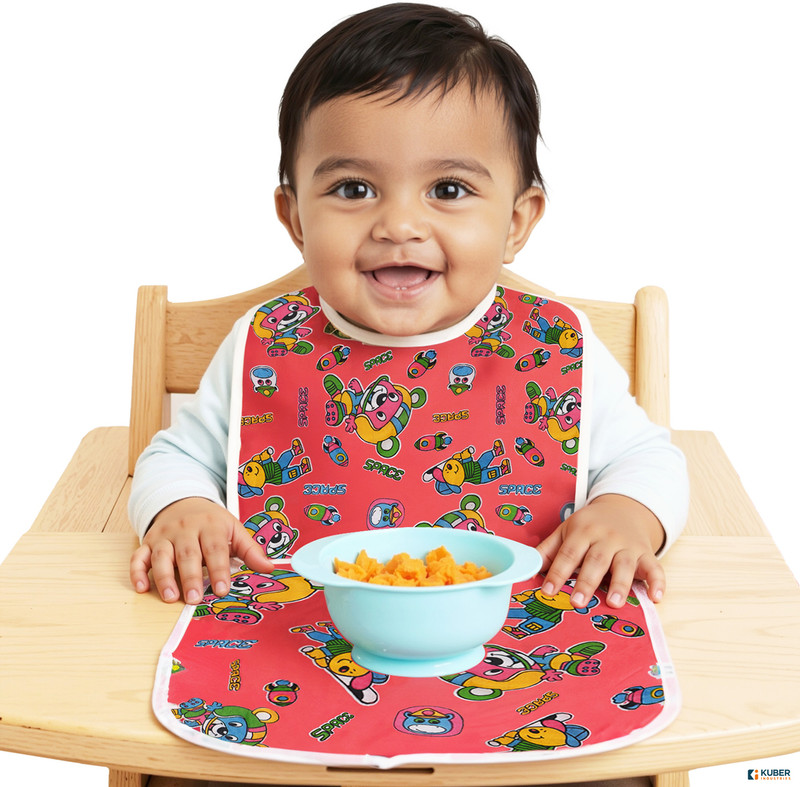 KUBER INDUSTRIES 2 Pcs PVC Bibs for Newborn Baby with Food Mat | Cartoon Print - Red(Red)
