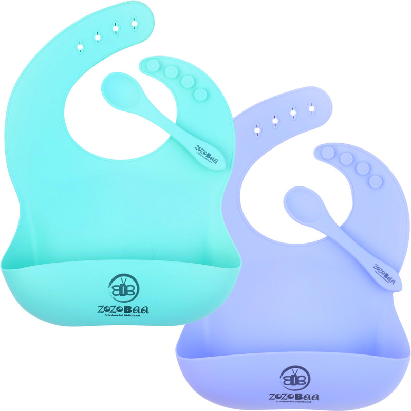 Zozobaa Silicone Adjustable Feeding Bib with Easy Grip Spoon For Feeding Toddlers & Baby  - 100% Silicone-Food Grade(Purple & Green)