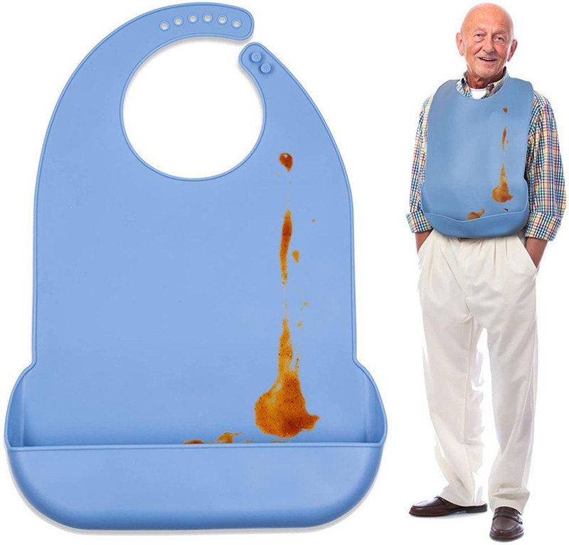 LQZ Waterproof Silicone Adult Bibs with Adjustable Leakproof Pocket for Elderly(Blue)